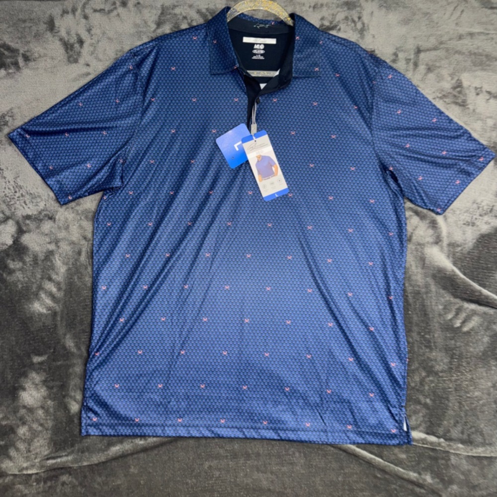 Mens Large Greg Norman Polo Shirt Blue NWT ML75 Player Geometric Crab Print